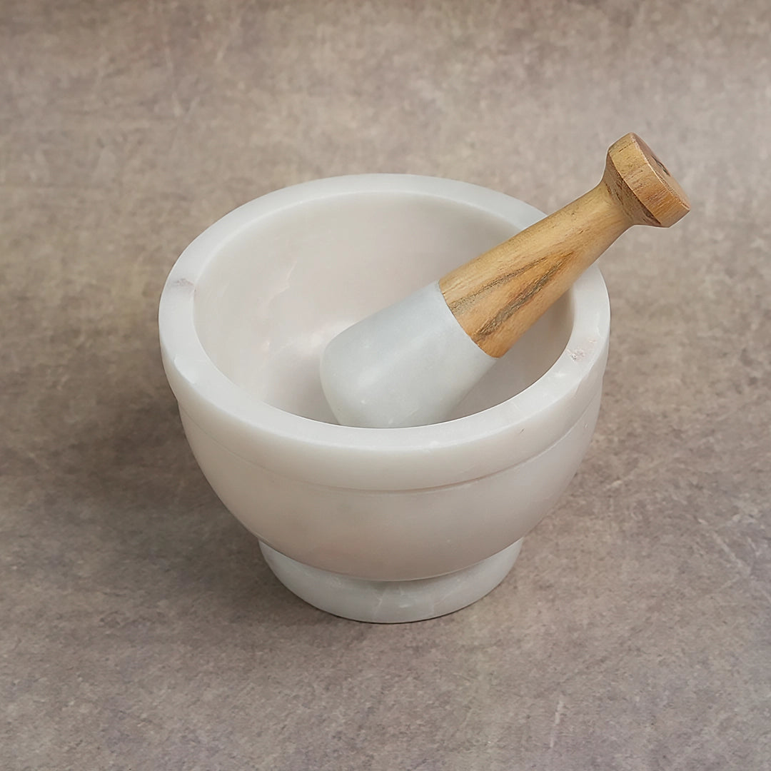 Moon White Marble Mortar & Pestle with Wooden Finish