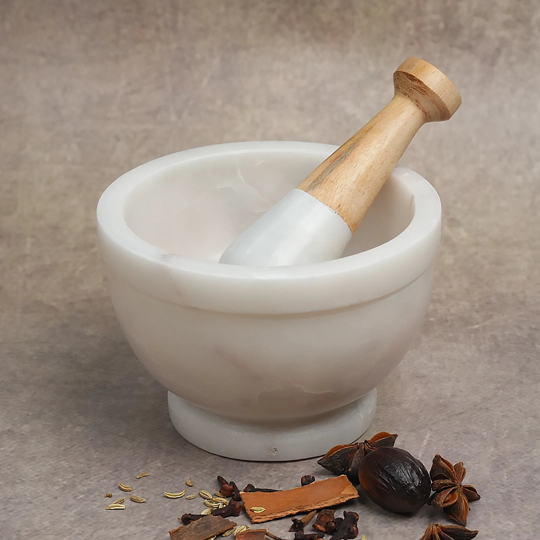 Moon White Marble Mortar & Pestle with Wooden Finish