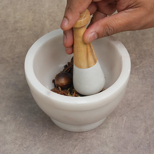 Moon White Marble Mortar & Pestle with Wooden Finish