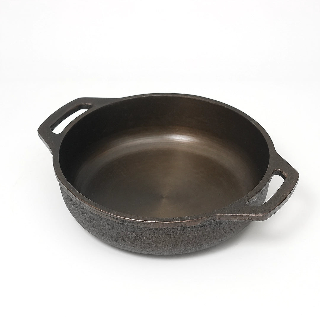 Flat Base Pure Castiron Kadai with Double Handle Pre Seasoned