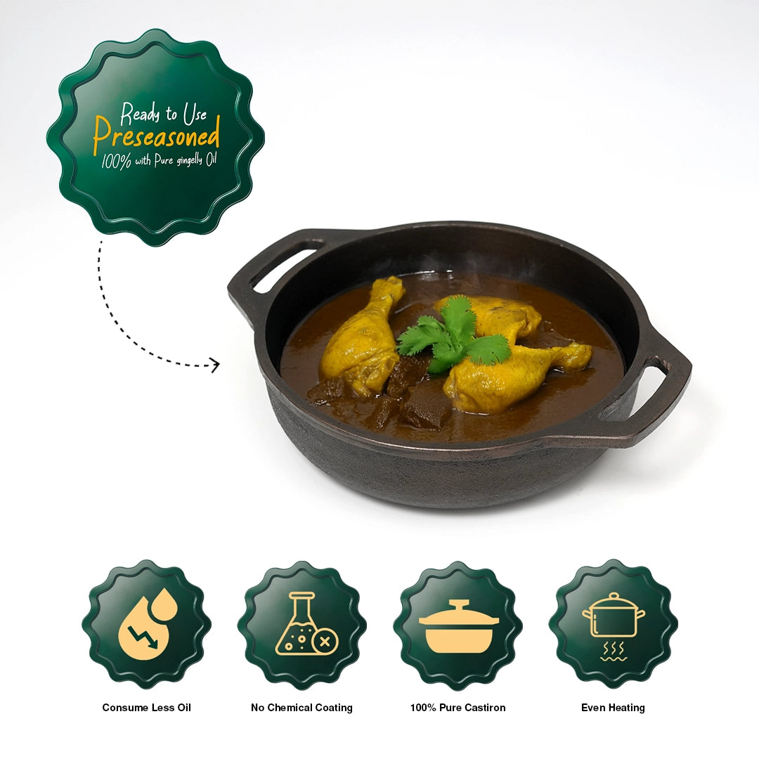 Flat Base Pure Castiron Kadai with Double Handle Pre Seasoned
