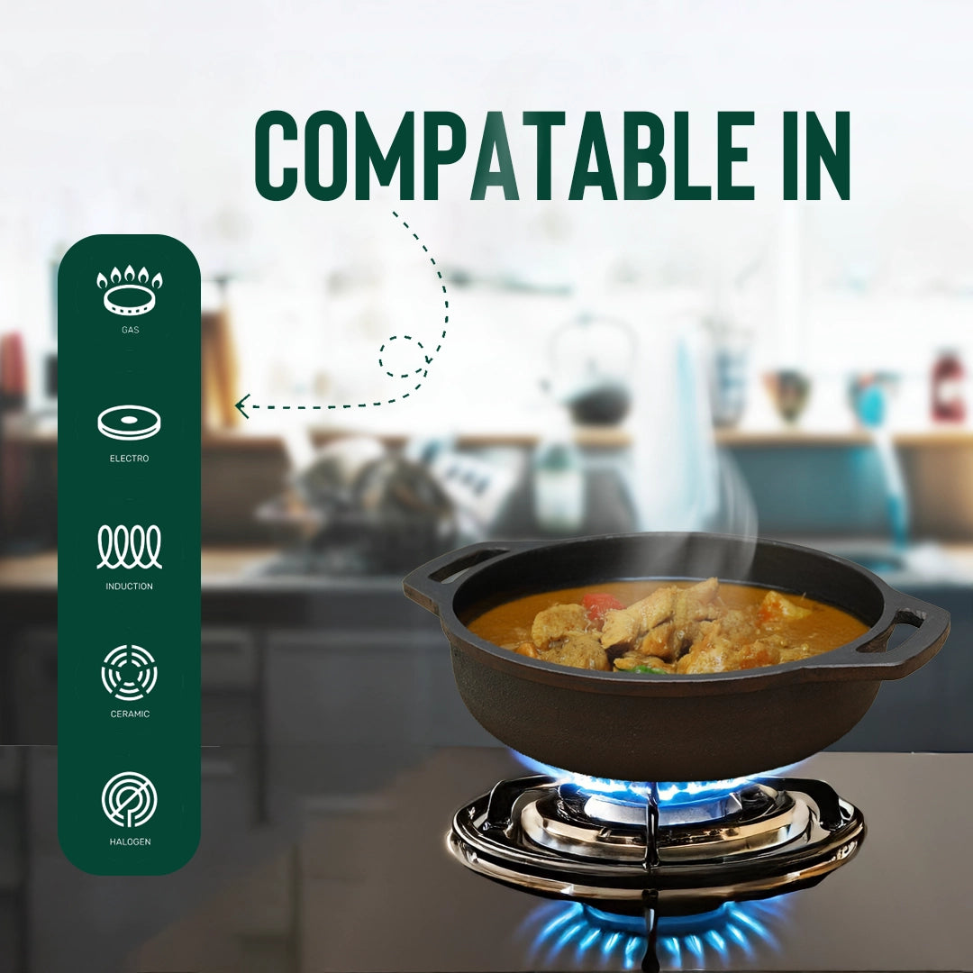Flat Base Pure Castiron Kadai with Double Handle Pre Seasoned