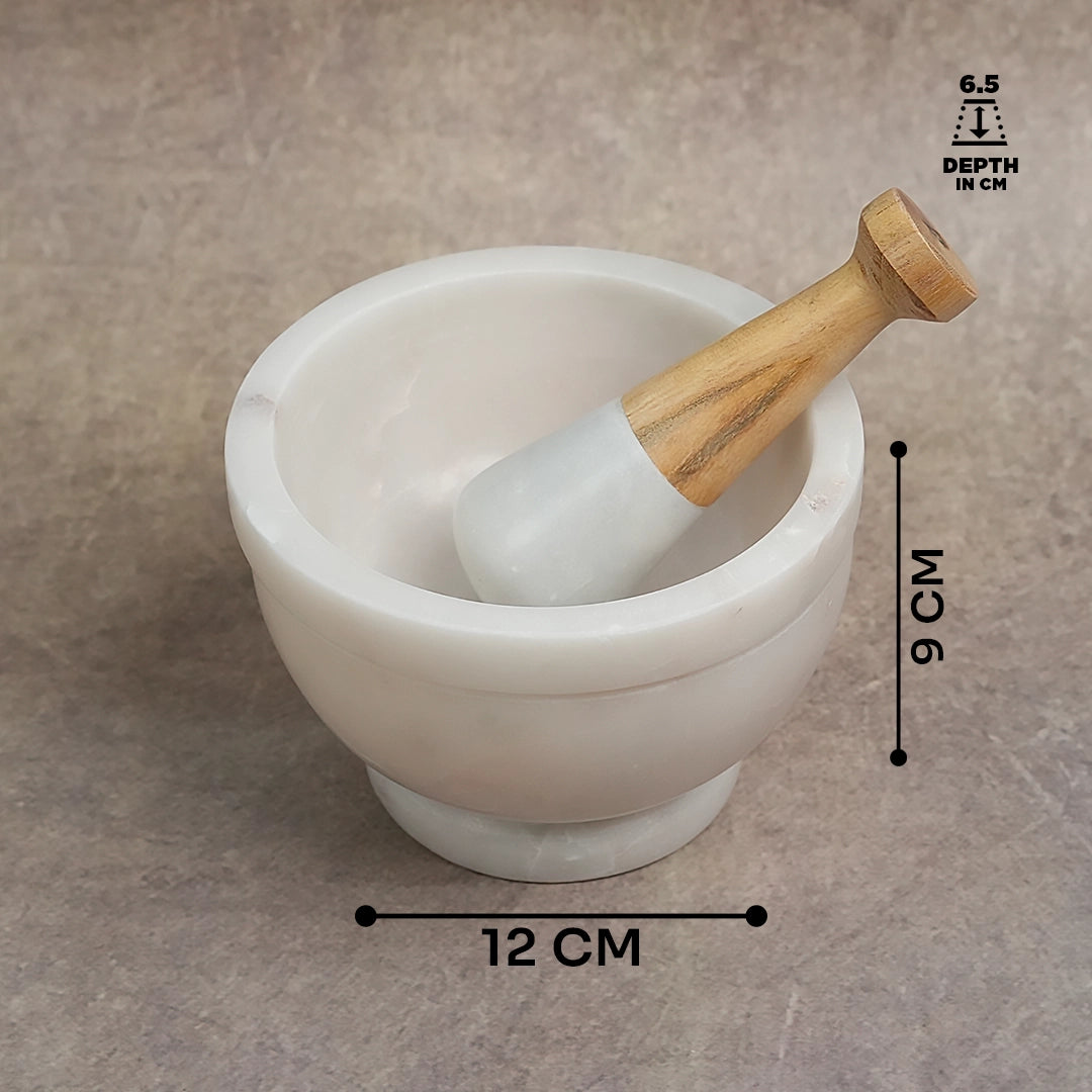 Moon White Marble Mortar & Pestle with Wooden Finish