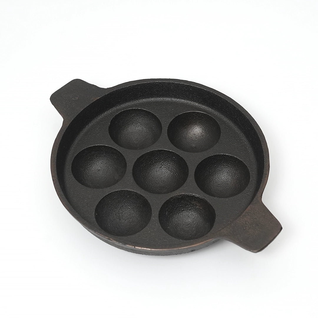 Pure castIron 2 set Combo - 7 Cavity Paniyarakallu / Unniyappa Kallu + Double Handle Skillet 9.5inch + FREE Urukku Knife