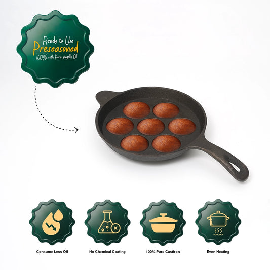 Pure Castiron Paniyarakallu / Unniyappam Chatti With Long Handle Round 7 Cavity Pre Seasoned