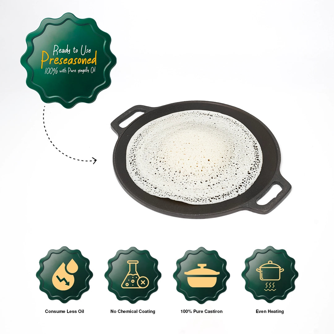 Pure castIron Combo Set - Double Handle Dosa Tawa 11inch + Appachatti 8.5inch + Super Seasoned 9inch kadai + Free Iron Tadka Pan
