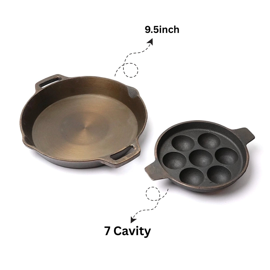 Pure castIron 2 set Combo - 7 Cavity Paniyarakallu / Unniyappa Kallu + Double Handle Skillet 9.5inch + FREE Urukku Knife