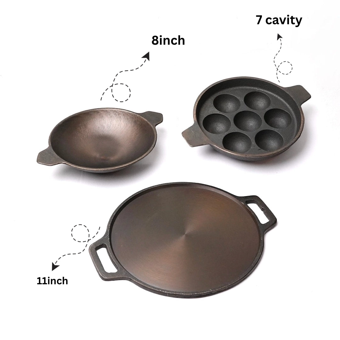 Pure castIron 3 set Combo - 7 Cavity Paniyarakallu + Double handle Dosa Kallu 11inch + Appachatti + FREE Tadka Pan