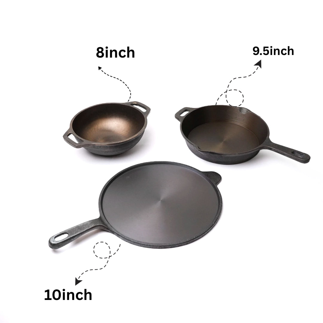 Pure castIron Combo Set - Long handl Dosa Tawa 10inch + 9.5inch Skillet + 8inch Kadai + Tadka Pan