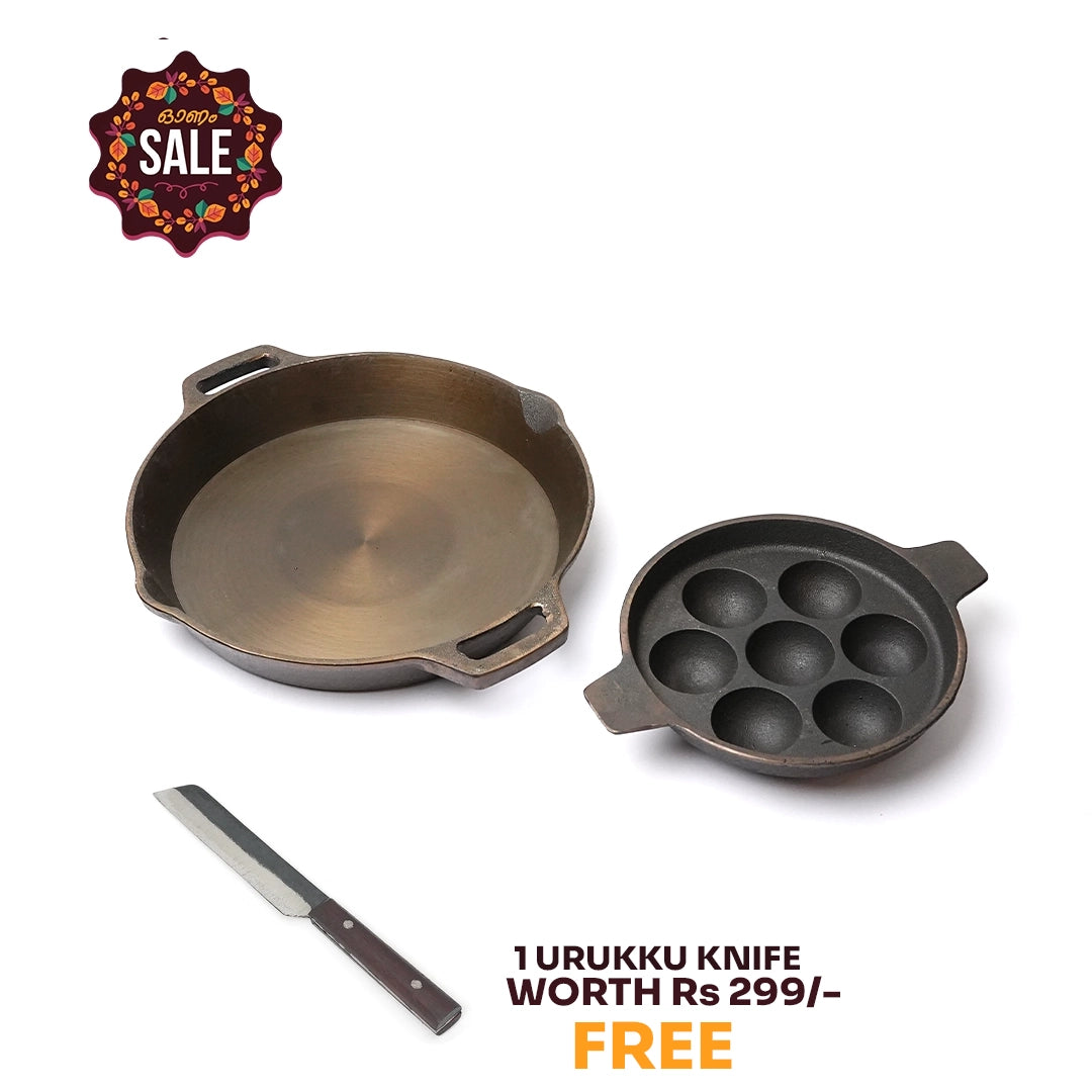 Pure castIron 2 set Combo - 7 Cavity Paniyarakallu / Unniyappa Kallu + Double Handle Skillet 9.5inch + FREE Urukku Knife