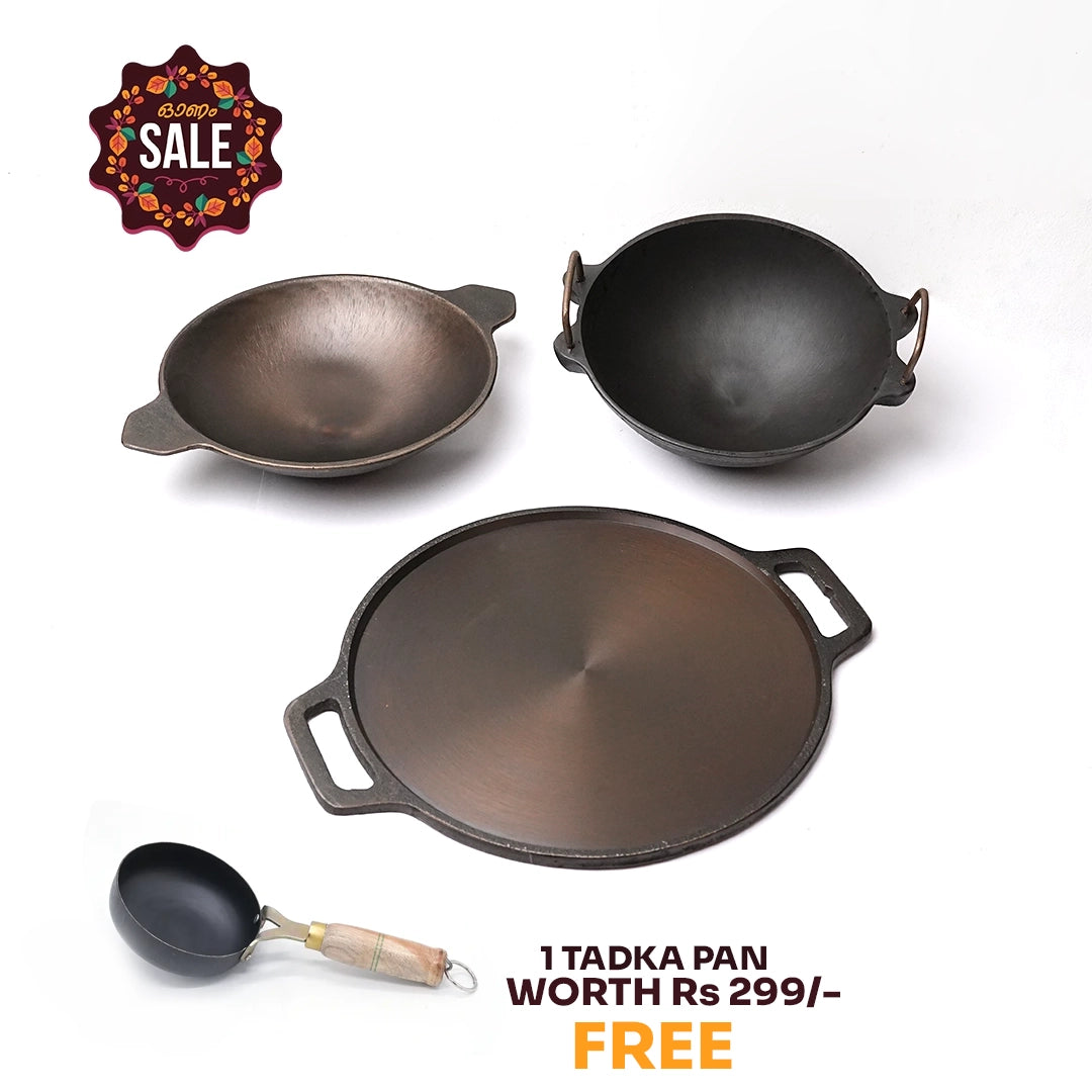 Pure castIron Combo Set - Double Handle Dosa Tawa 11inch + Appachatti 8.5inch + Super Seasoned 9inch kadai + Free Iron Tadka Pan