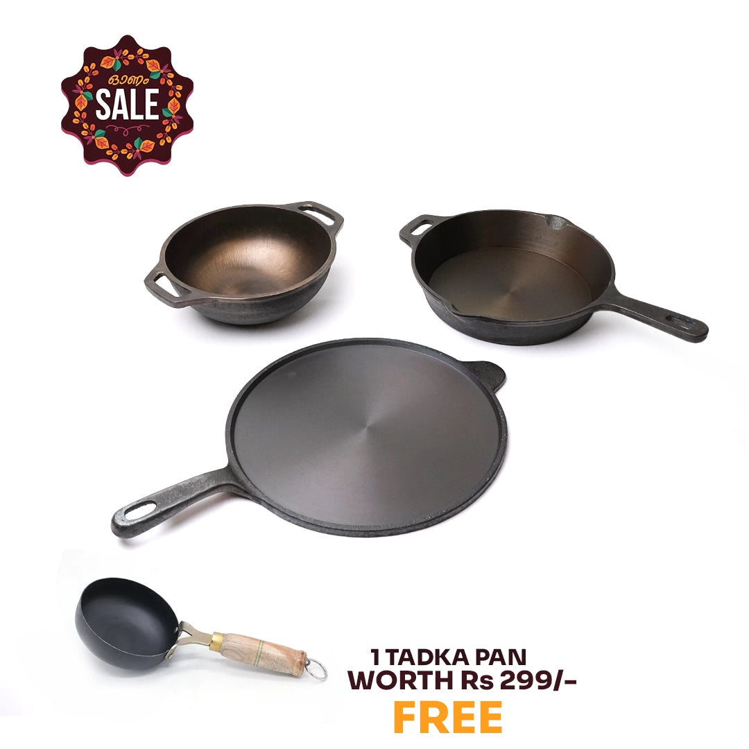 Pure castIron Combo Set - Long handl Dosa Tawa 10inch + 9.5inch Skillet + 8inch Kadai + Tadka Pan