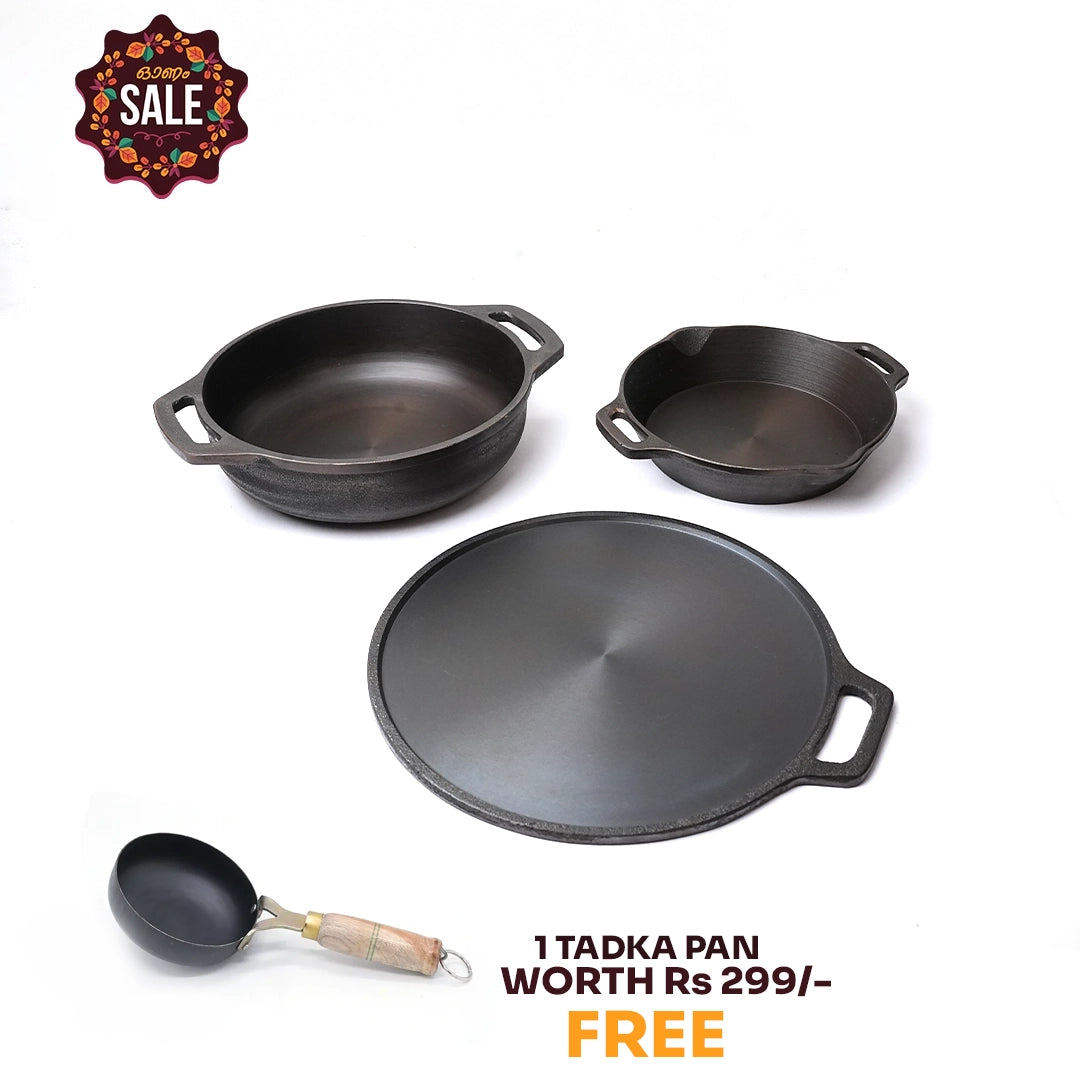 Pure castIron Combo Set - Single handle Dosa Tawa 12inch + 8.5inch Double hand Skillet + 10inch Flat Base Kadai + Free Pure Iron Tadka Pan - Combo