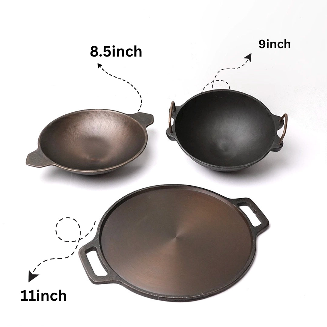 Pure castIron Combo Set - Double Handle Dosa Tawa 11inch + Appachatti 8.5inch + Super Seasoned 9inch kadai + Free Iron Tadka Pan