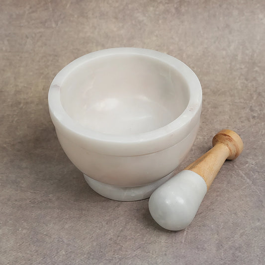 Moon White Marble Mortar & Pestle with Wooden Finish