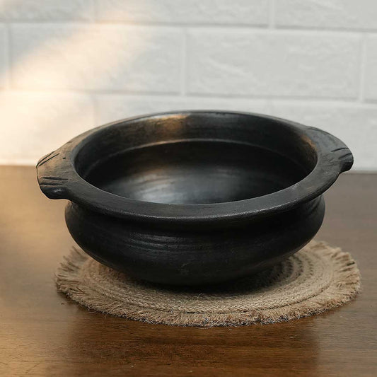 Fancy Double Handle Black Clay Curry Pot