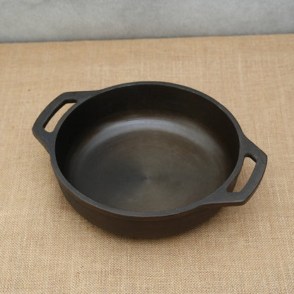 Flat Base Pure Castiron Kadai with Double Handle Pre Seasoned