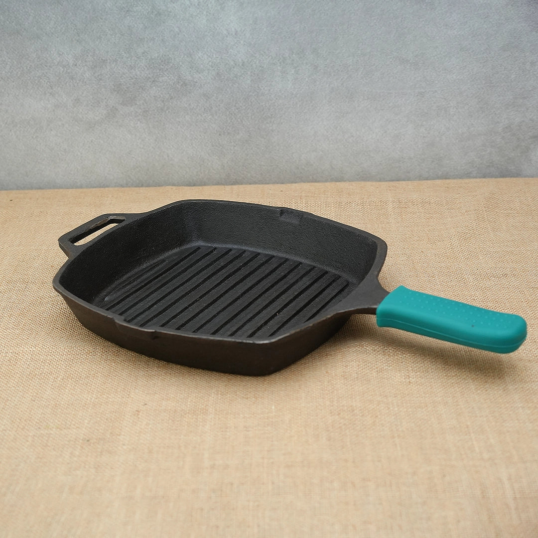 Pure Castiron Seasoned Long Handle Grill Pan with Silicon Handle