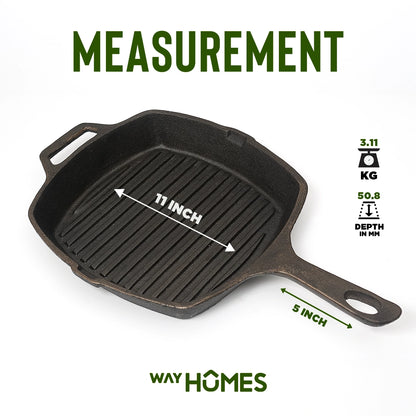 Pure Castiron Seasoned Long Handle Grill Pan with Silicon Handle