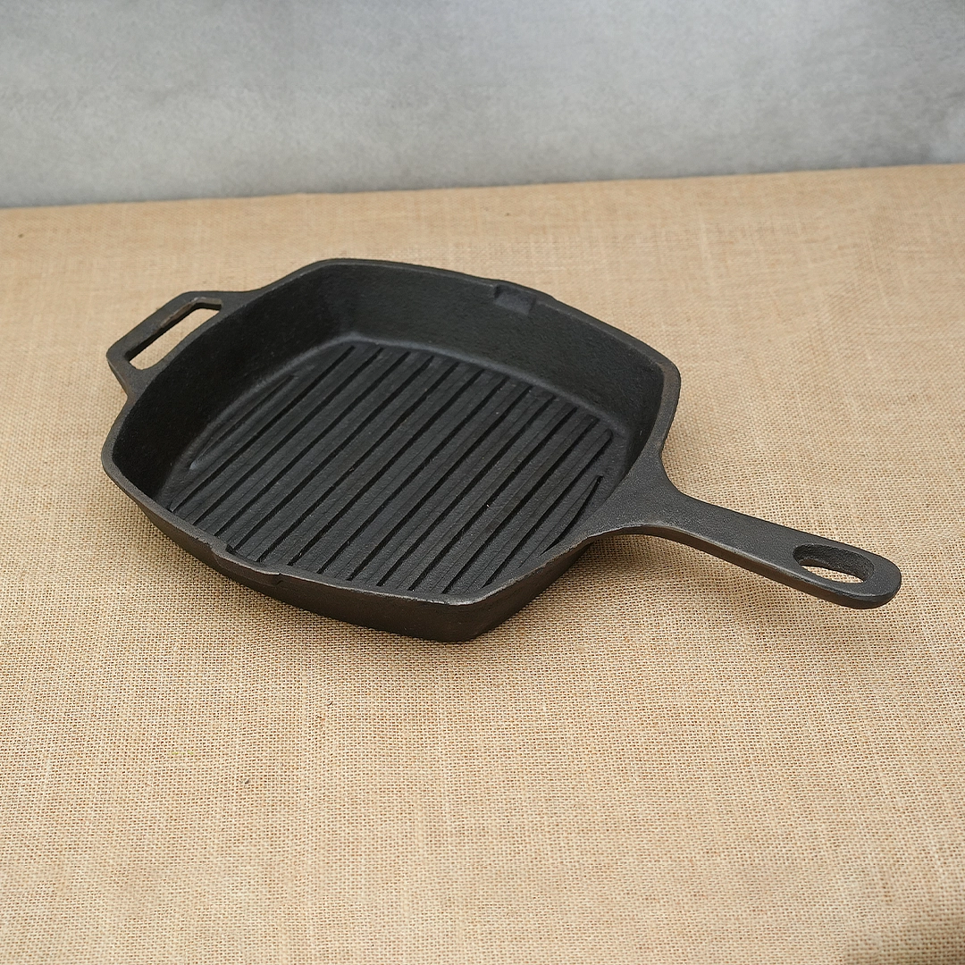 Pure Castiron Seasoned Long Handle Grill Pan with Silicon Handle