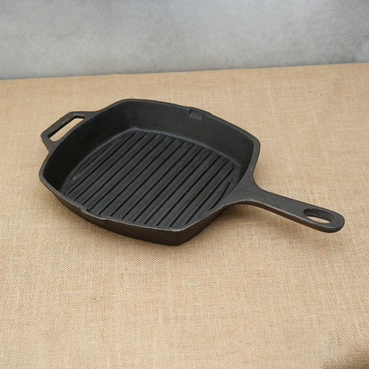 Pure Castiron Seasoned Long Handle Grill Pan with Silicon Handle