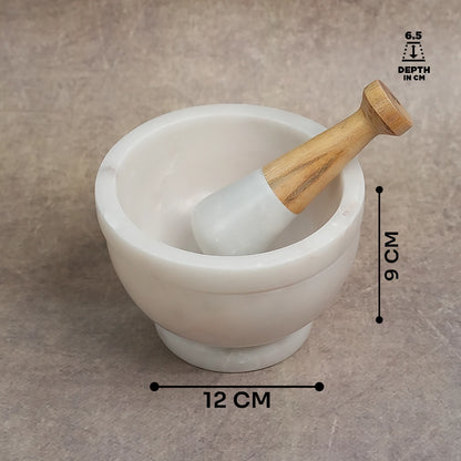 Moon White Marble Mortar & Pestle with Wooden Finish