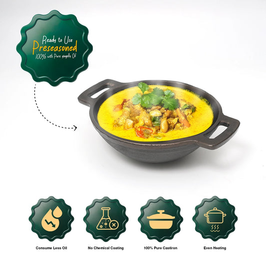 Pure Castiron Smooth Finish Kadai / Cheenachatti Pre Seasoned