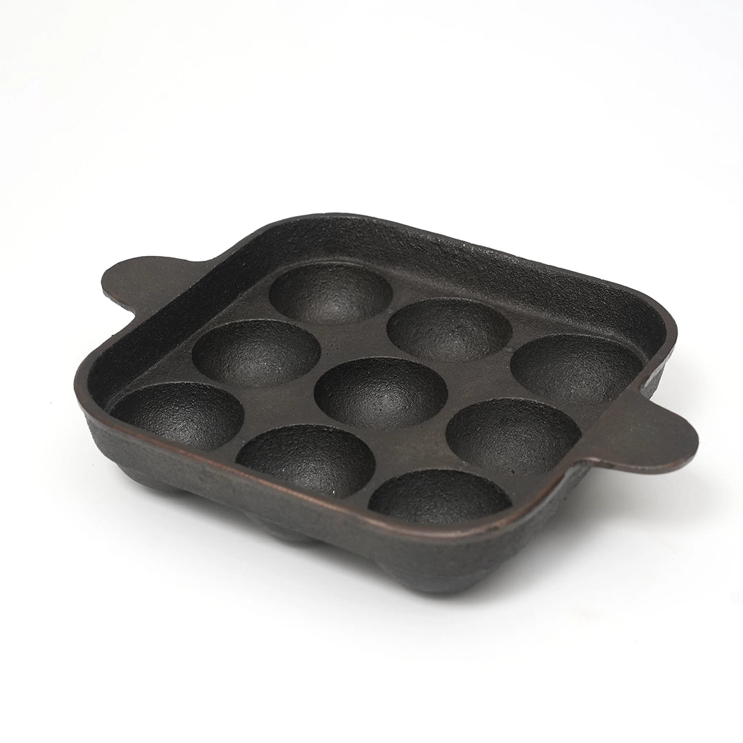 Pure Castiron Paniyarakallu / Unniyappam Chatti With Double Handle Square 9 Cavity Pre Seasoned