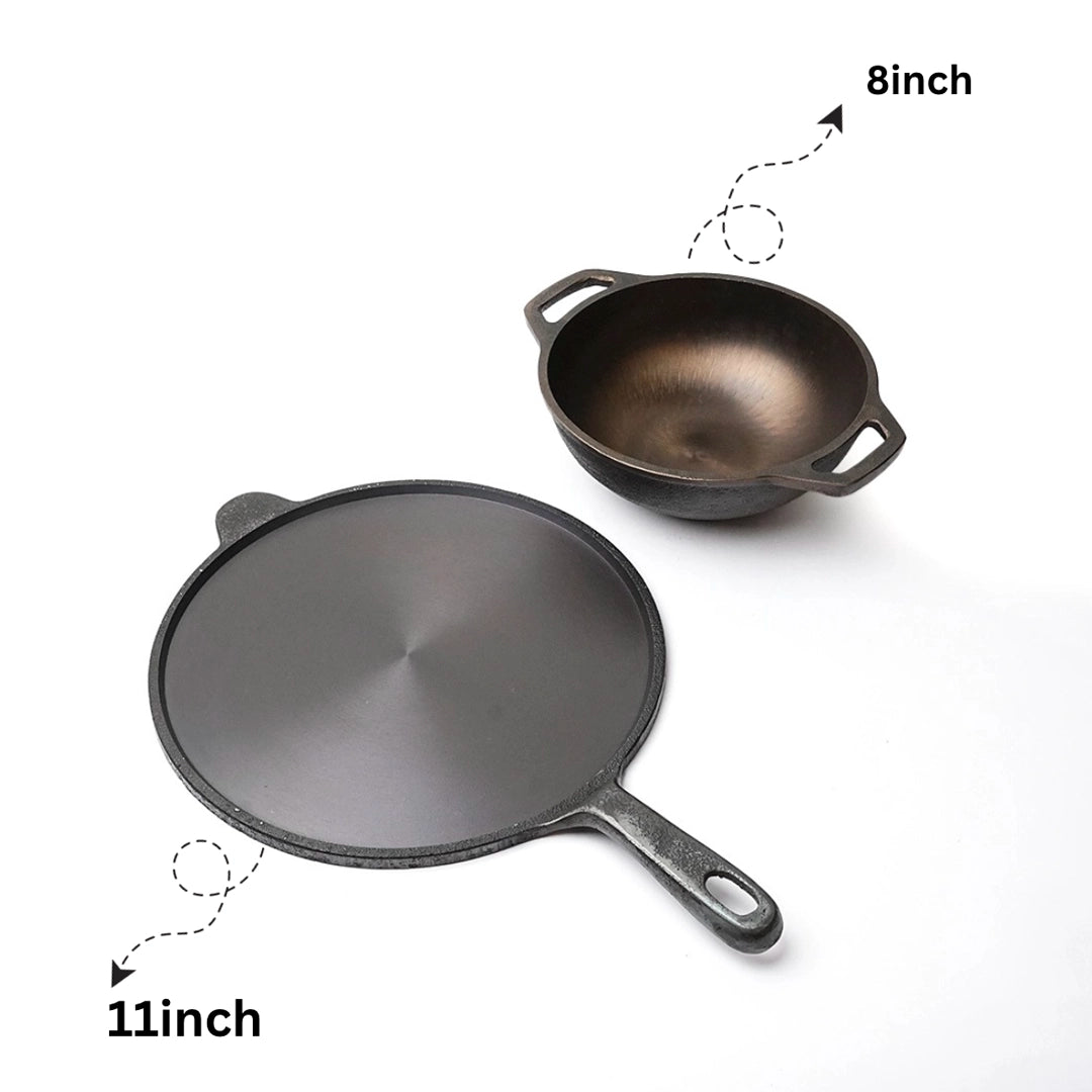Pure Castiron Combo 2 Set - 11inch Dosa Tawa long handle + 8inch Kadai + FREE Urukku Knife