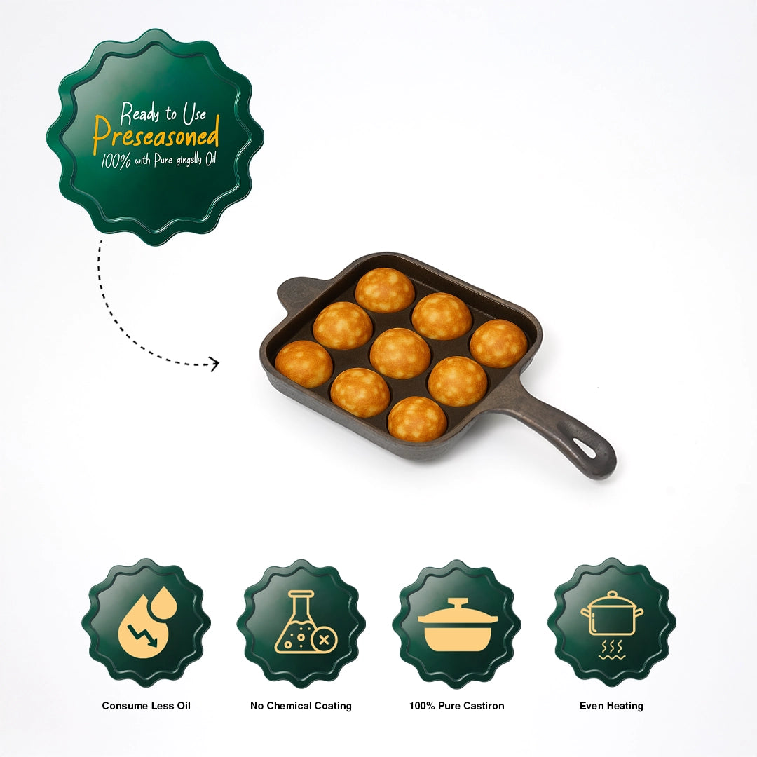 Pure Castiron Paniyarakallu / Unniyappam Chatti With Long Handle Square 9 Cavity Pre Seasoned