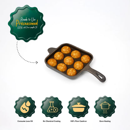 Pure Castiron Paniyarakallu / Unniyappam Chatti With Long Handle Square 9 Cavity Pre Seasoned