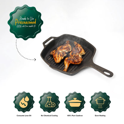 Pure Castiron Seasoned Long Handle Grill Pan with Silicon Handle