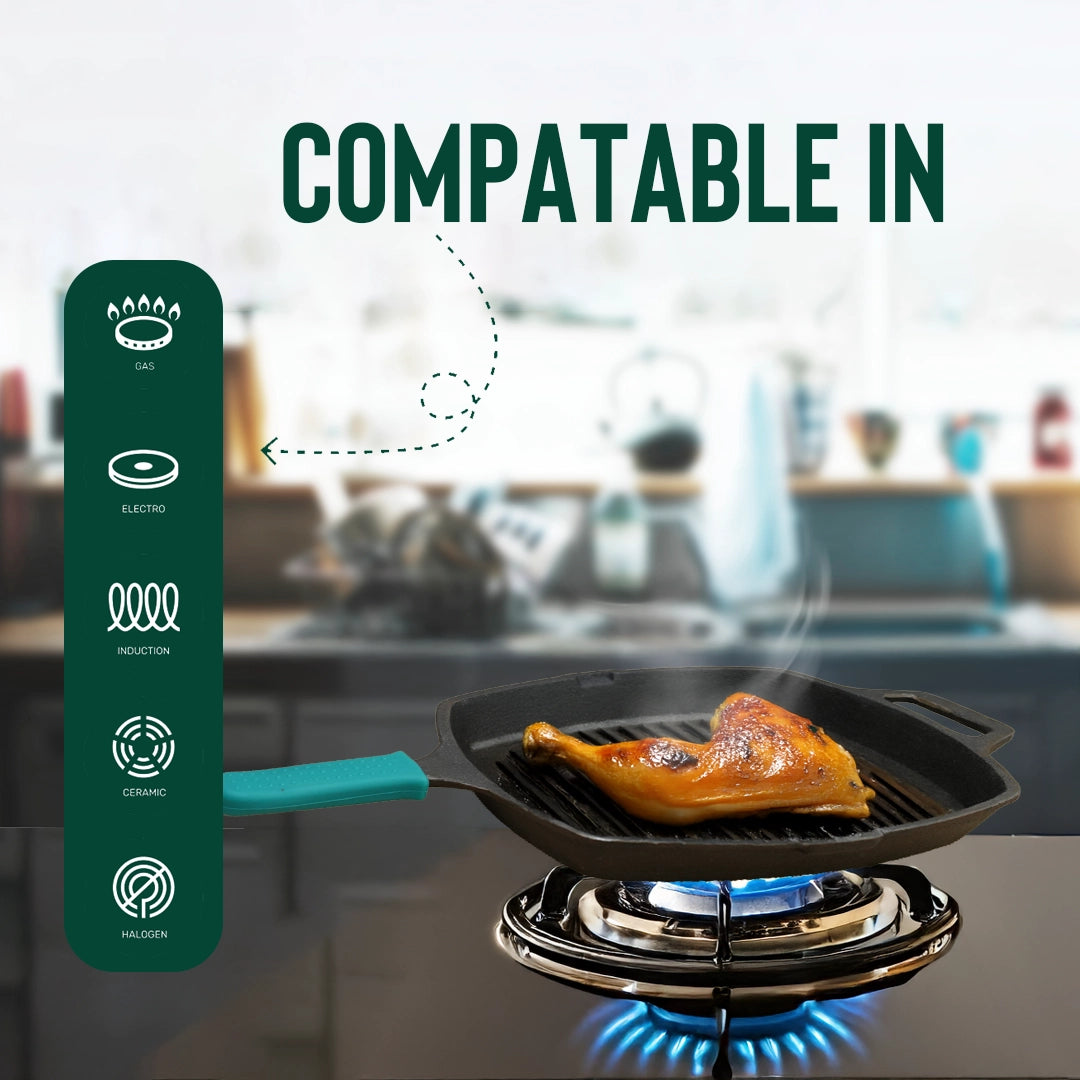 Pure Castiron Seasoned Long Handle Grill Pan with Silicon Handle