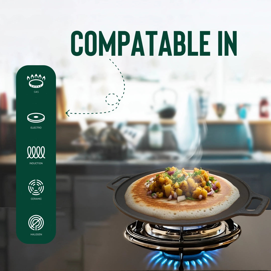 Pure Seasoned Castiron Double Handle Dosa Tawa