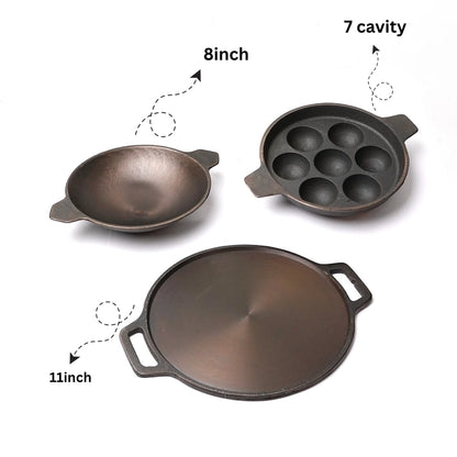 Pure castIron 3 set Combo - 7 Cavity Paniyarakallu + Double handle Dosa Kallu 11inch + Appachatti + FREE Tadka Pan