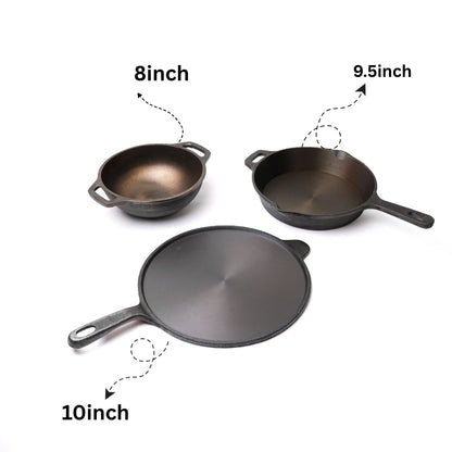Pure castIron Combo Set - Long handl Dosa Tawa 10inch + 9.5inch Skillet + 8inch Kadai + Tadka Pan
