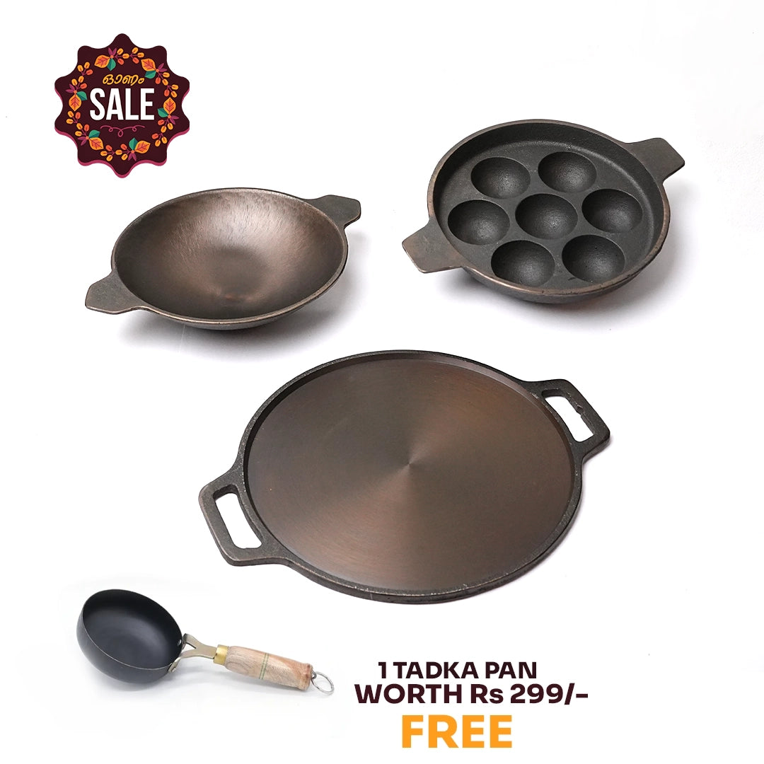 Pure castIron 3 set Combo - 7 Cavity Paniyarakallu + Double handle Dosa Kallu 11inch + Appachatti + FREE Tadka Pan