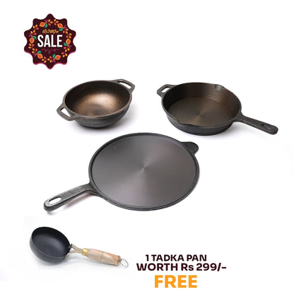 Pure castIron Combo Set - Long handl Dosa Tawa 10inch + 9.5inch Skillet + 8inch Kadai + Tadka Pan
