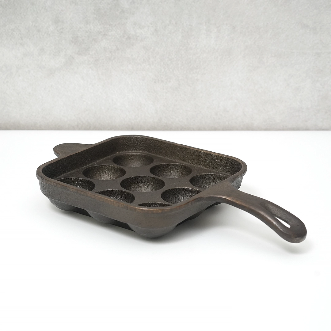 Pure Castiron Paniyarakallu / Unniyappam Chatti With Long Handle Square 9 Cavity Pre Seasoned