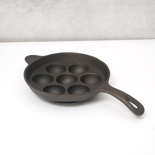 Pure Castiron Paniyarakallu / Unniyappam Chatti With Long Handle Round 7 Cavity Pre Seasoned